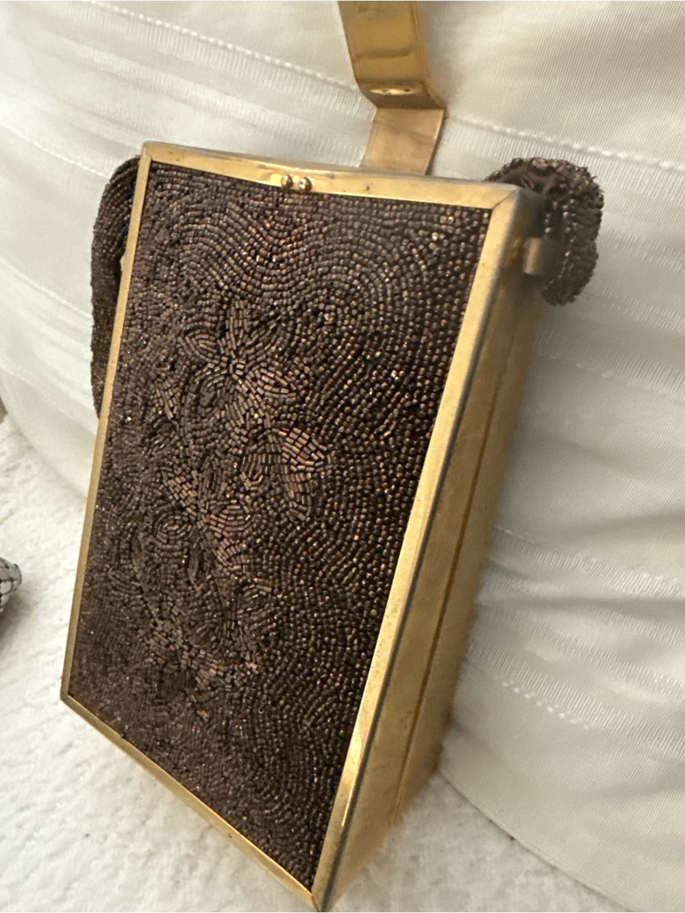 Vintage Beaded Brown Evening Minaudière with Gold Frame